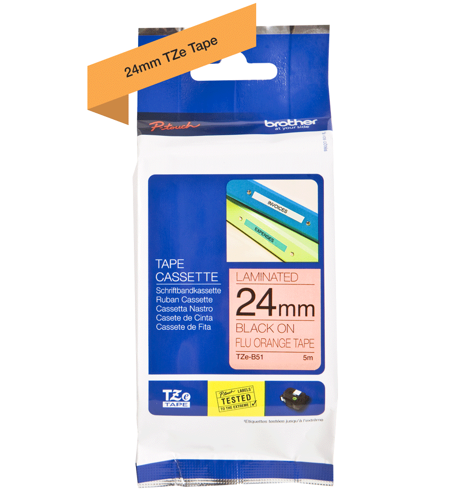 24mm black on fluorescent  orange standard adhesive laminated TZe tape cassette (5 metres) 2
